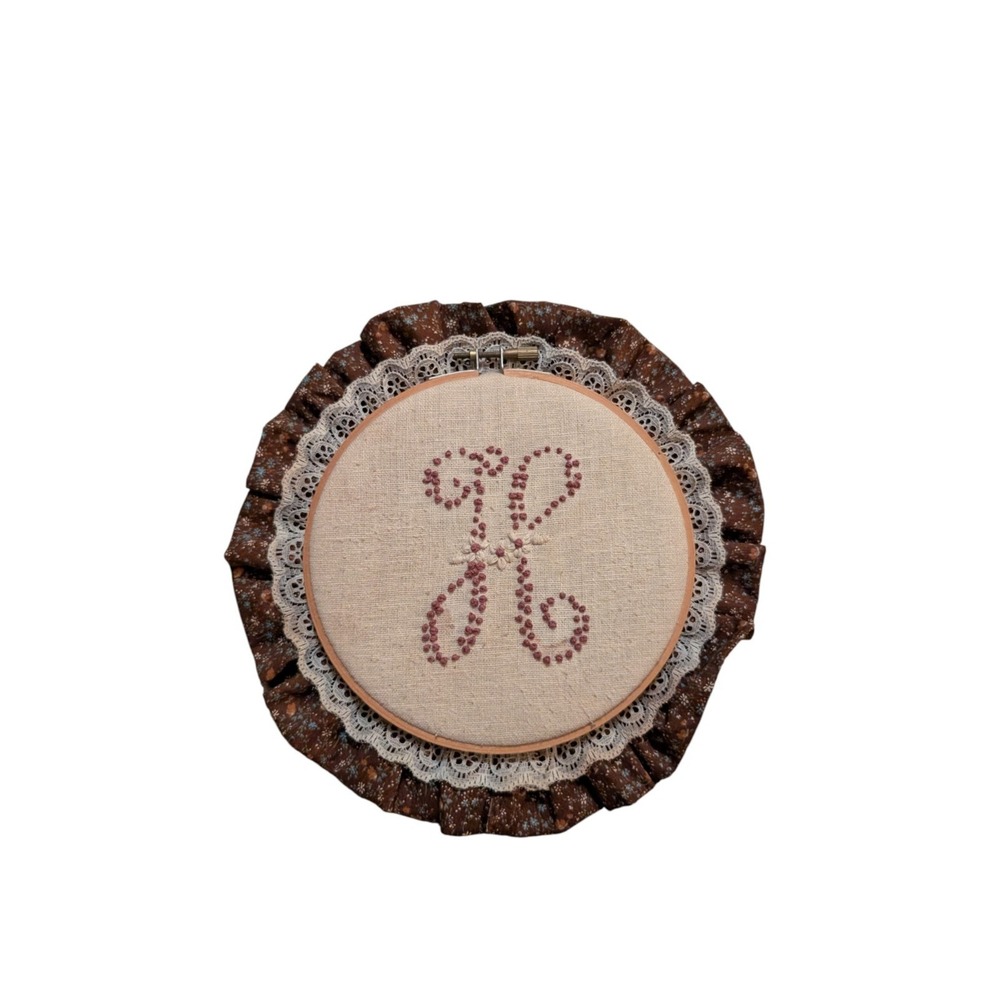 Vintage Embroidery Hoop Wall Art Monogram H Lace Ruffle Brown Floral 9"
